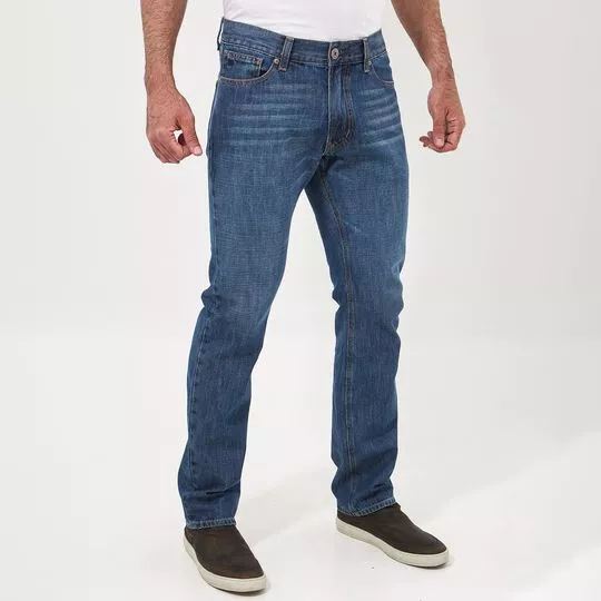 Calça Jeans Reta Com Bolso- Azul