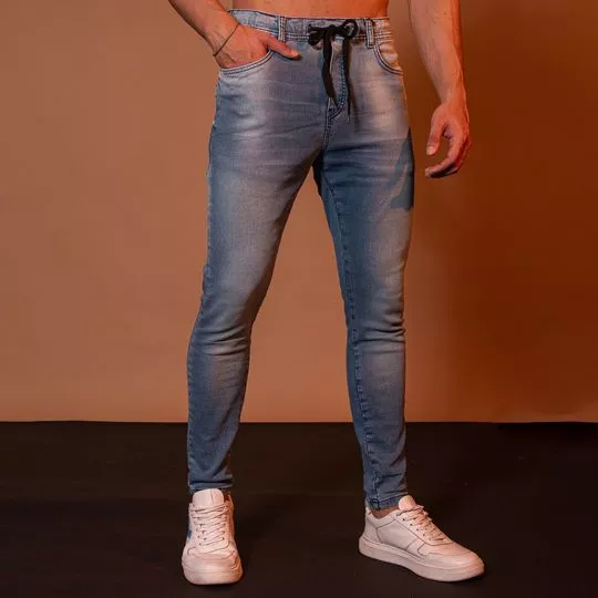 Calça Jeans Skinny Estonada Com Recortes- Azul