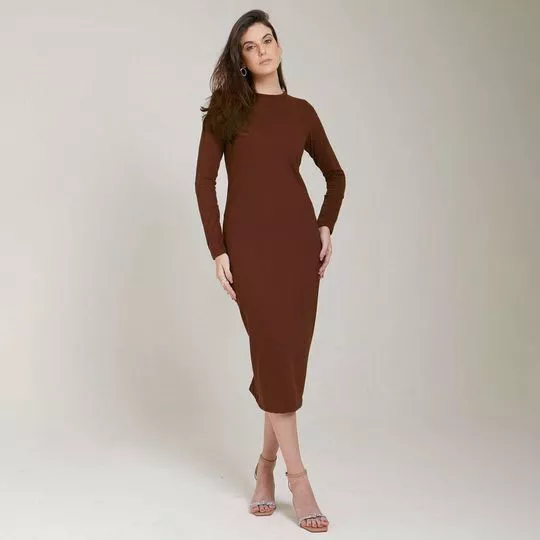 Vestido Midi Com Bordado- Marrom