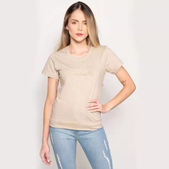 Camiseta Com Bordado- Bege