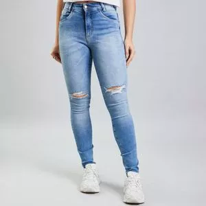 Calça Jeans Skinny Com Destroyed<BR>- Azul