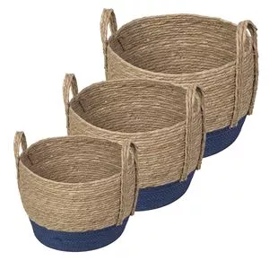 Jogo De Cestos Em Fibra Natural<BR>- Natural & Azul Marinho<BR>- 3Pçs<BR>- Or Design