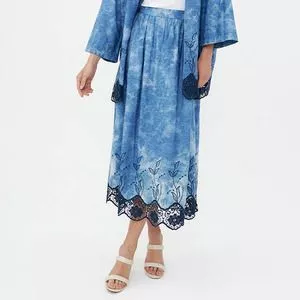 Saia Midi Tie Dye Com Renda<BR>- Azul & Off White