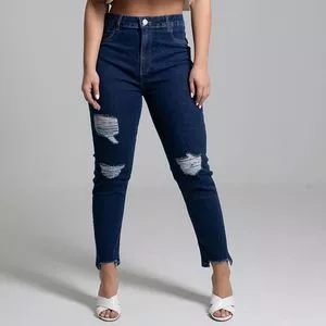 Calça Jeans Reta Com Destroyed<BR>- Azul