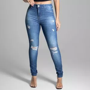 Calça Jeans Skinny Destroyed<BR>- Azul Escuro