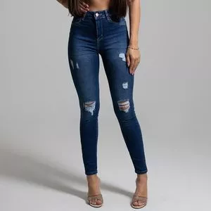 Calça Jeans Skinny Com Recortes<BR>- Azul Escuro