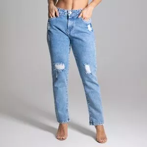 Calça Jeans Mom Com Recortes<BR>- Azul Claro