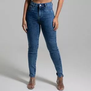 Calça Jeans Skinny Com Fendas<BR>- Azul Escuro