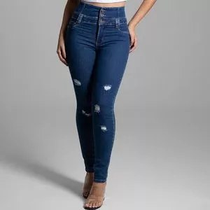 Calça Jeans Skinny Com Puídos<BR>- Azul Marinho