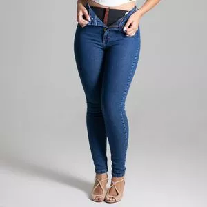 Calça Jeans Skinny Com Bolsos<BR>- Azul Marinho