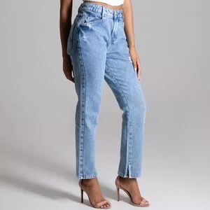 Calça Jeans Reta Com Puídos<BR>- Azul