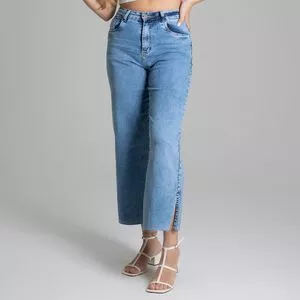 Calça Jeans Mom Com Recortes<BR>- Azul Claro