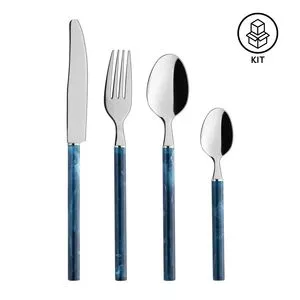 Faqueiro Mediterrâneo<BR>- Inox & Azul<BR>- 16Pçs<BR>- Oxford