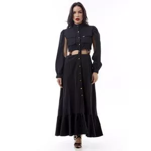 Vestido Longo Com Vazados<BR>- Preto