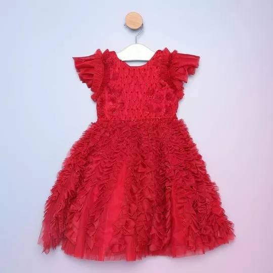 Vestido Com Babados & Pedrarias- Vermelho- PETIT CHERIE