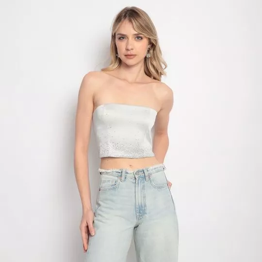 Cropped Sem Alça Com Termocolantes- Branco