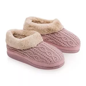 Pantufa Em Tricô<BR>- Rosa & Bege