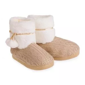 Pantufa Bota Em Tricô<BR>- Bege & Branca