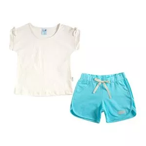 Conjunto De Blusa & Short Com Laço<BR>- Off White & Azul