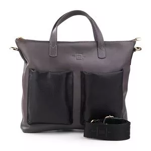 Bolsa De Ombro Em Couro<BR>- Cinza Escuro & Preta<BR>- 26x29x7cm