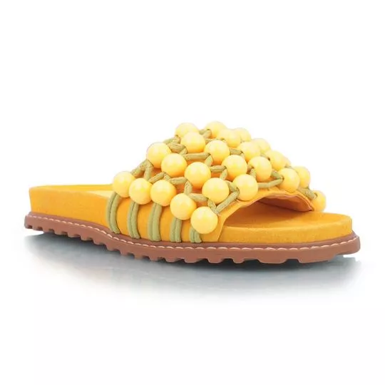 Slide Em Couro Bolas- Amarelo- Salto: 3cm