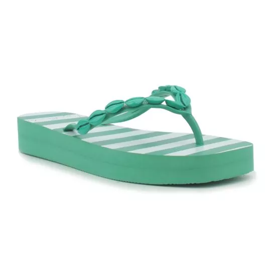 Chinelo Listrado Com Conchas- Verde & Branco- Salto: 3,5cm