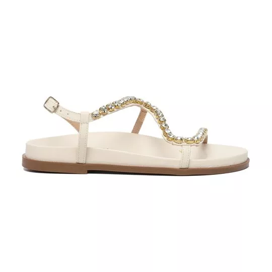 Sandália Rasteira Com Pedrarias- Off White- Salto: 3cm