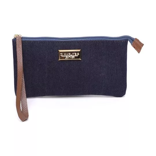 Clutch Jeans Com Couro- Azul & Marrom- 12x21x1cm