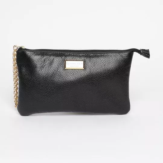 Clutch Em Couro Com Tag- Preta & Dourada- 15x25x1cm