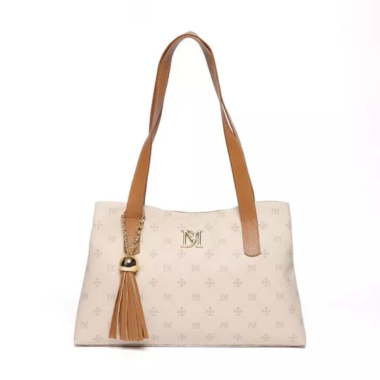 Bolsa Shopping Em Couro Com Tassel- Bege Claro & Marrom- 24x41x9cm