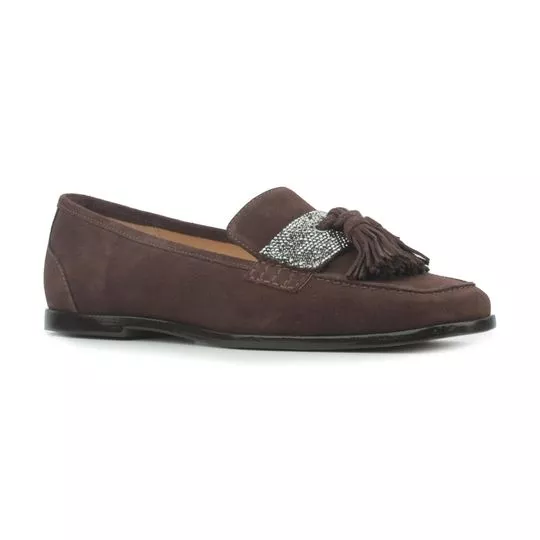 Loafer Em Couro- Marrom Escuro & Prateado