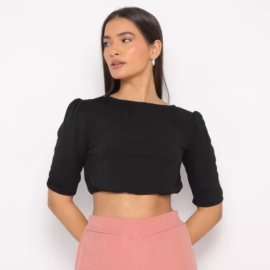 Cropped Com Pregas- Preto