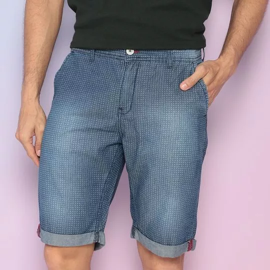 Short Jeans Em Poá- Azul & Branco