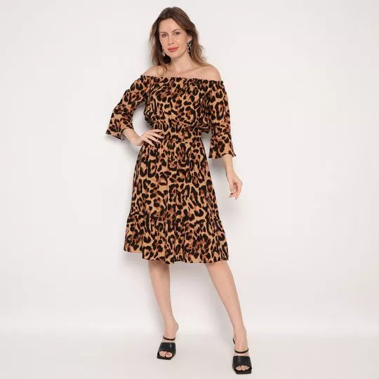 Vestido Midi Animal Print- Marrom & Preto