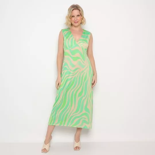 Vestido Midi Abstrato- Verde Claro & Bege Claro- Morena Rosa