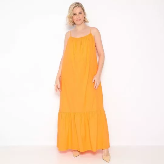 Vestido Longo Com Franzidos- Laranja- Morena Rosa