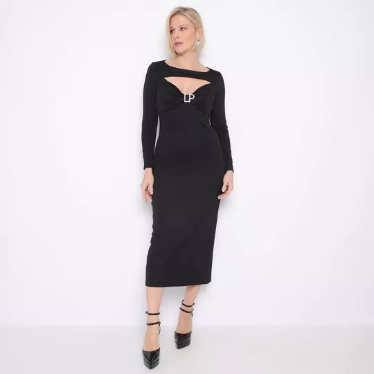 Vestido Midi Canelado Com Vazados- Preto- Lança Perfume