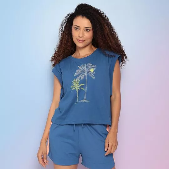 Camiseta Com Bordados- Azul Escuro & Verde Limão- Malwee