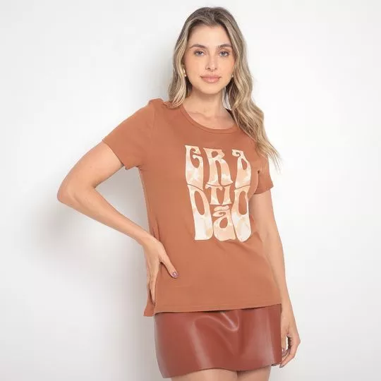 Blusa Inscrições- Marrom & Off White- Malwee