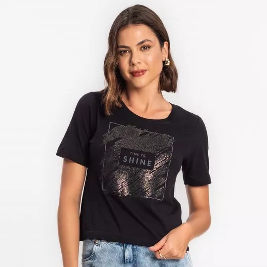 Camiseta Com Brilhos- Preta & Cinza Escuro- Rovitex