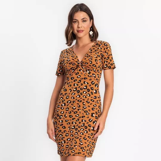 Vestido Curto Animal Print- Marrom Claro & Preto- Rovitex