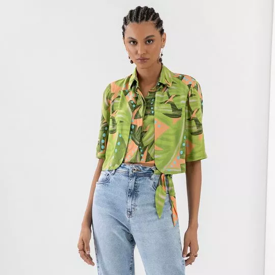 Camisa Cropped Folhas- Verde & Laranja Claro