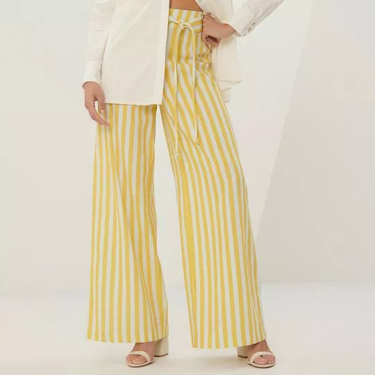 Calça Pantalona Listrada- Amarela & Off White