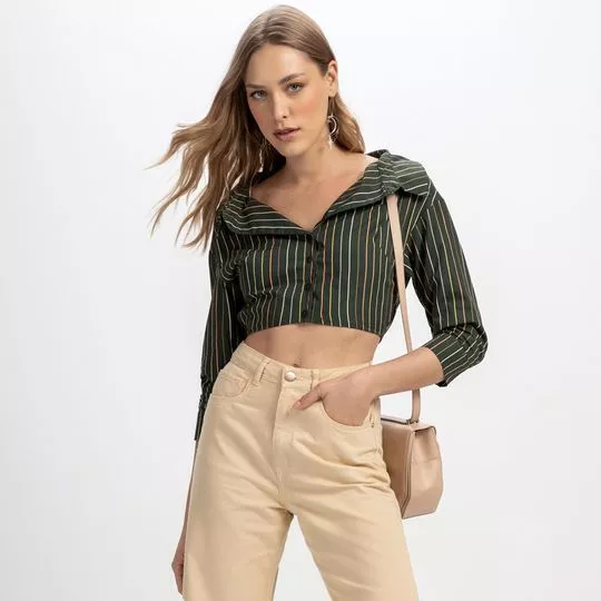 Camisa Cropped Listrada- Verde Militar & Amarela