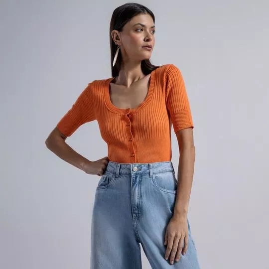 Blusa Em Tricô Canelado- Laranja