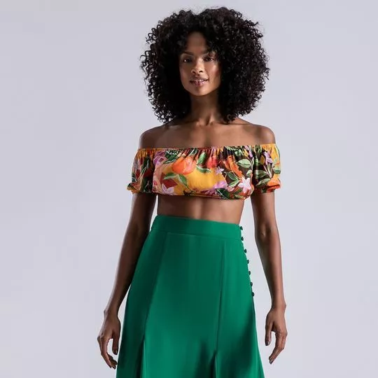 Cropped Floral- Laranja & Verde