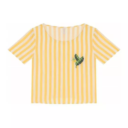 Blusa Listrada Com Folhagens- Amarela & Verde