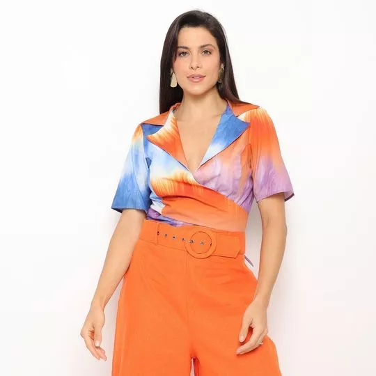 Blusa Abstrata Com Transpasse- Laranja & Azul