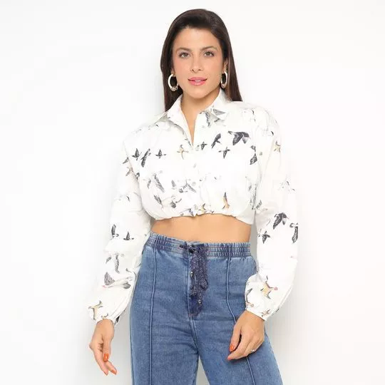 Camisa Cropped Passarinhos- Off White & Preta