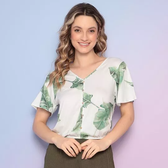 Camisa Cropped Folhagens- Off White & Verde- Rovitex